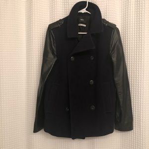 BDG navy and black wool and vegan leather peacoat